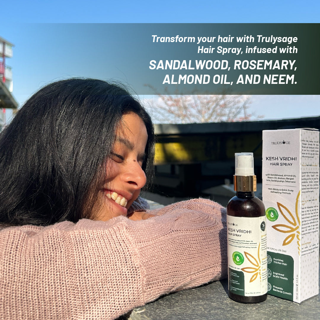 Trulysage Kesh Vridhi Hair Spray | Hair Thickening & Volumizing Spray | Enriched with Sandalwood, Almond Oil & Tulsi | No Stickiness, Lightweight Formula | 100 ml