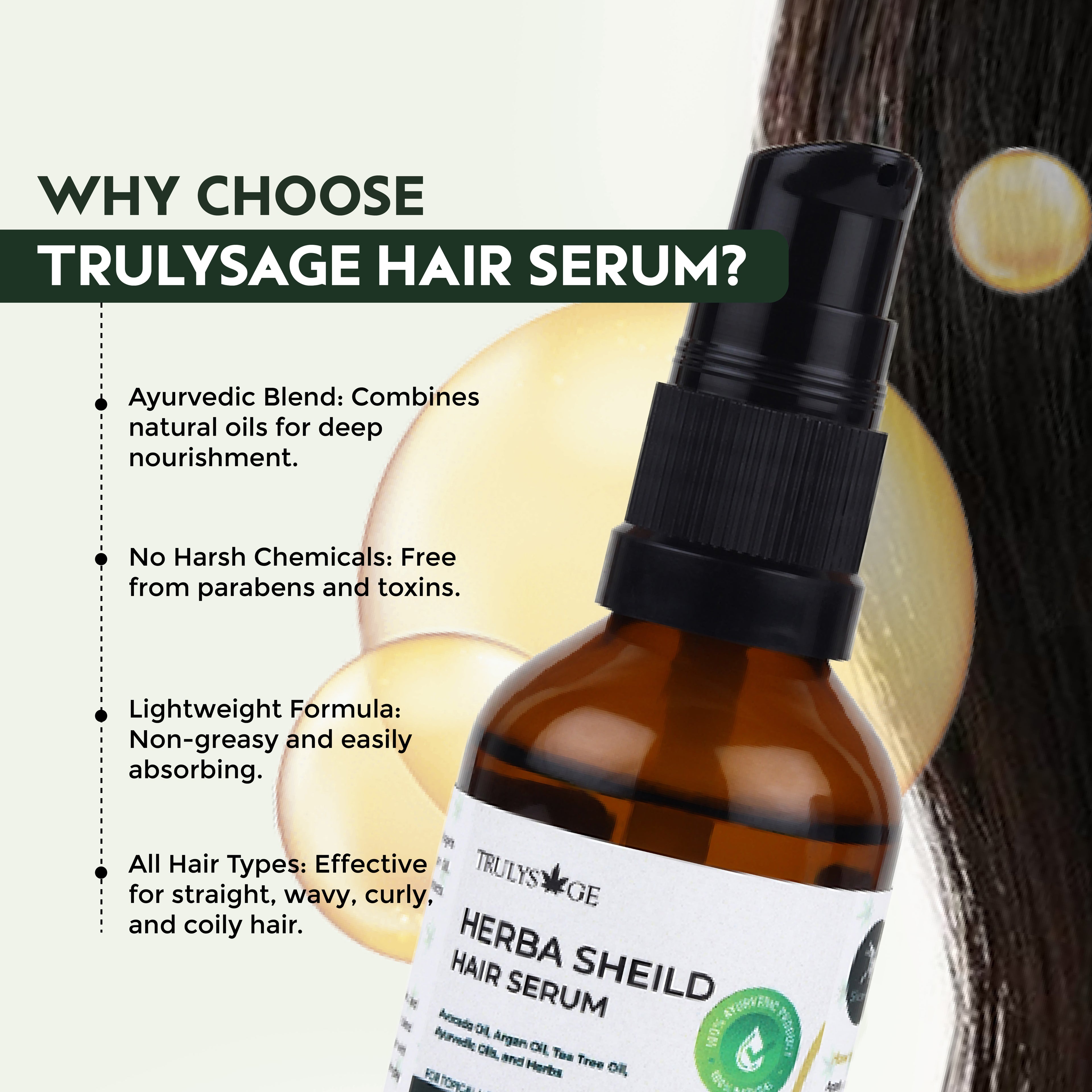 Trulysage Herba Shield Hair Serum | Frizz Control & Shine Enhancer | Enriched with Argan Oil, Avocado Oil & Tea Tree Oil | Lightweight & Non-Greasy Formula | 50 ml