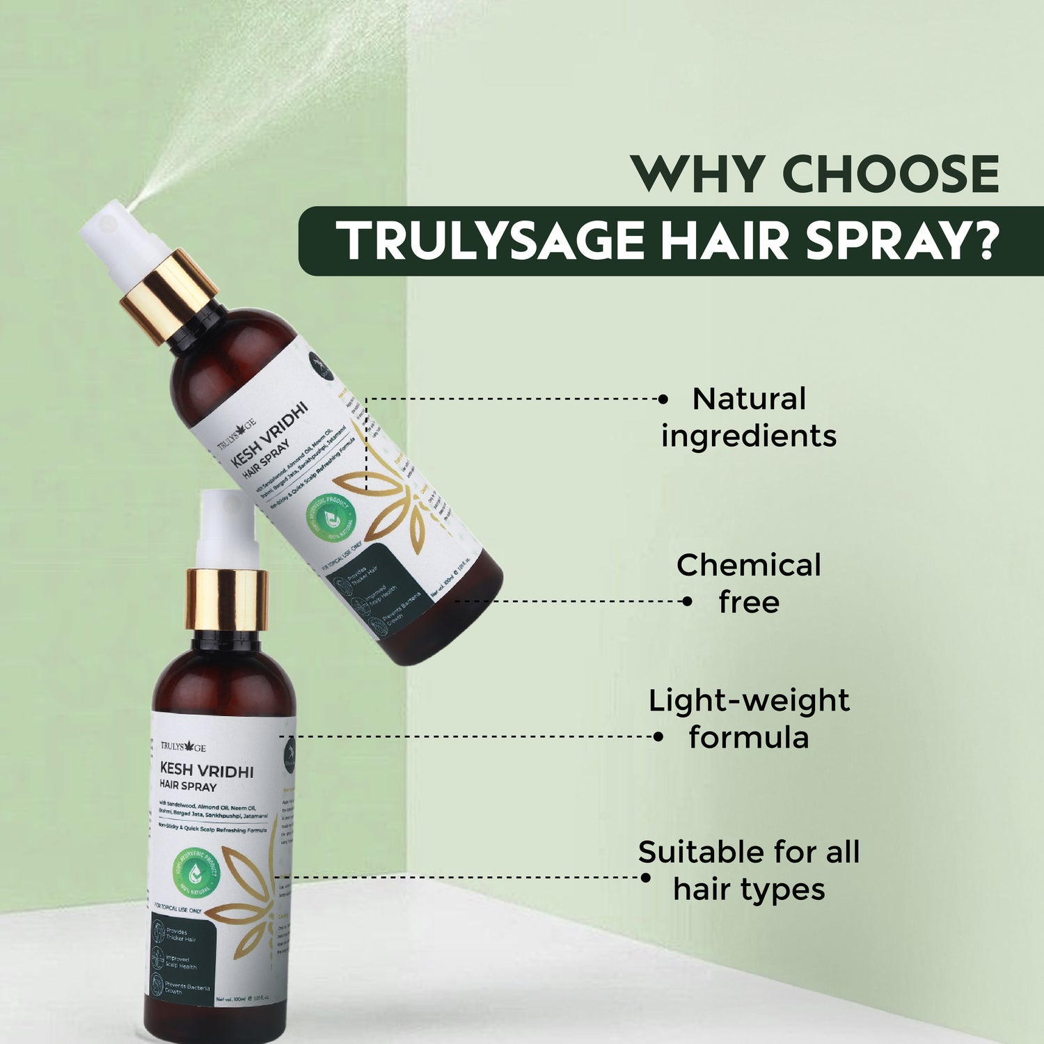 Trulysage Kesh Vridhi Hair Spray | Hair Thickening & Volumizing Spray | Enriched with Sandalwood, Almond Oil & Tulsi | No Stickiness, Lightweight Formula | 100 ml