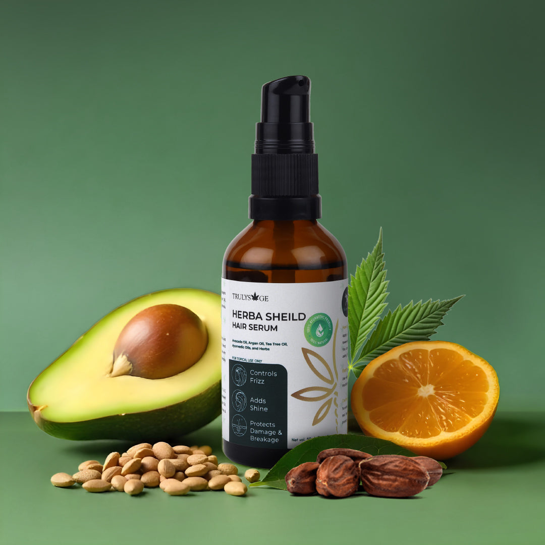 Trulysage Herba Shield Hair Serum | Frizz Control &amp; Shine Enhancer | Enriched with Argan Oil, Avocado Oil &amp; Tea Tree Oil | Lightweight &amp; Non-Greasy Formula | 50 ml