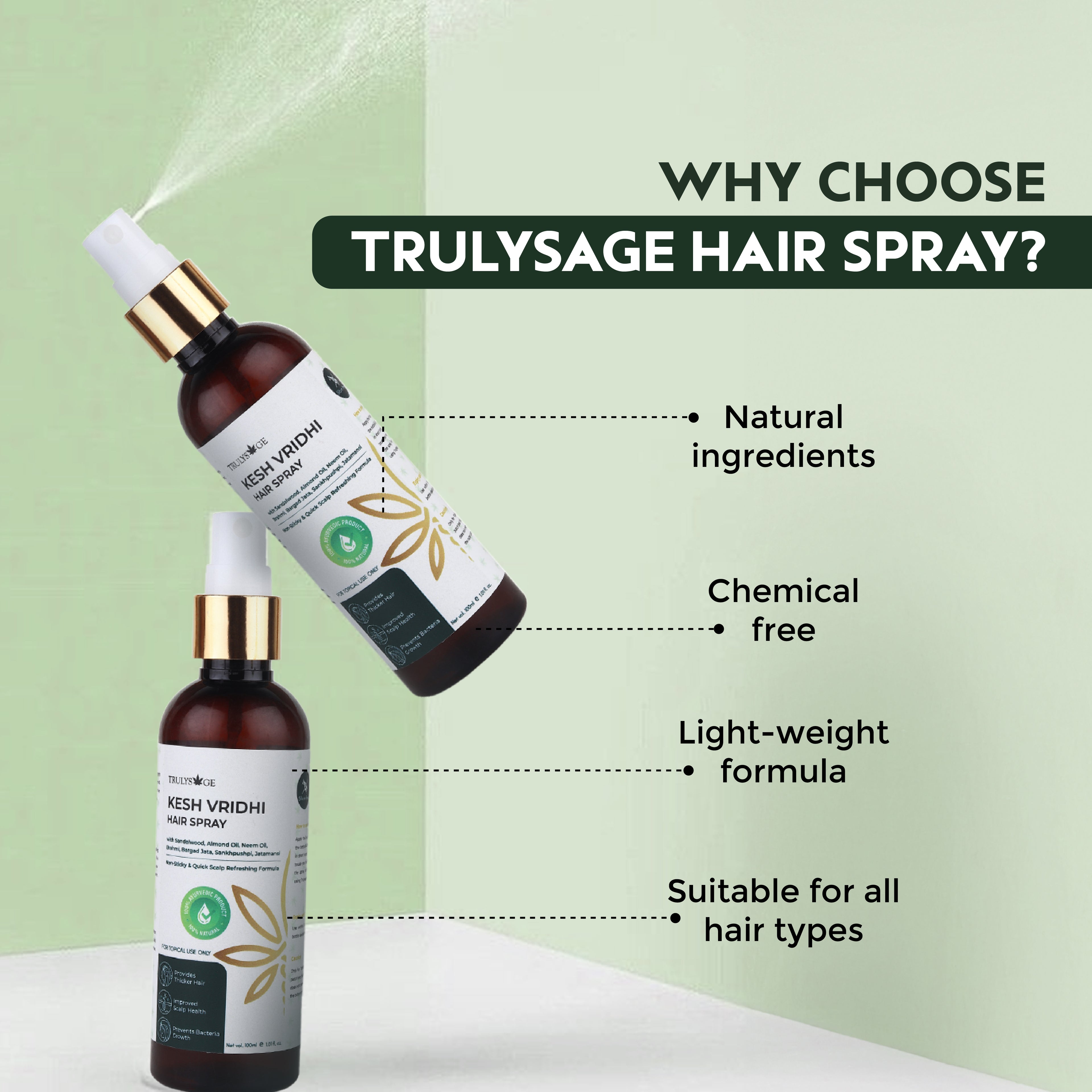 Trulysage Kesh Vridhi Hair Spray | Hair Thickening &amp; Volumizing Spray | Enriched with Sandalwood, Almond Oil &amp; Tulsi | No Stickiness, Lightweight Formula | 100 ml